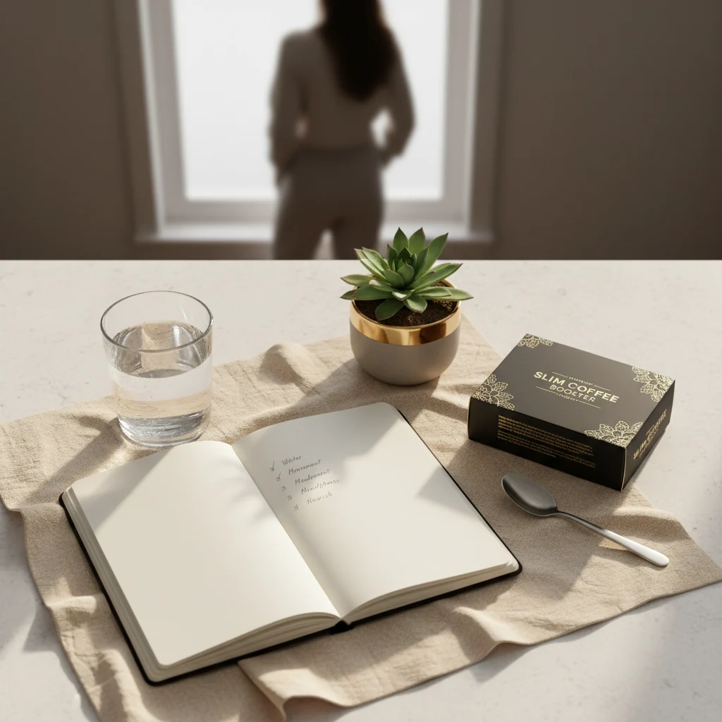 Morning wellness flat lay with Slim Coffee Booster box and journal checklist
